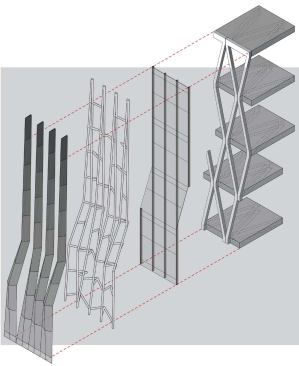 Façade layers

The perforated metal skin helps control glare without the need for shades, in part because of the angle of the pleating. Metal is laid over a support framework that is suspended from the glass curtain wall, which in turn attaches to the structural system of the building.