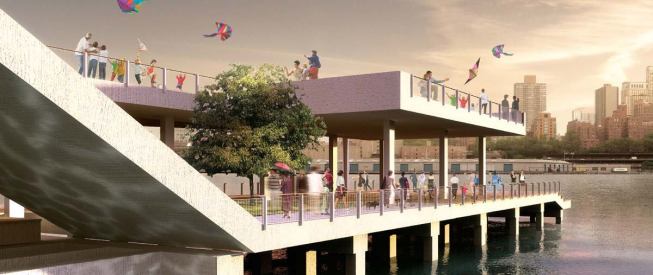 Plans for Pier 15 call for a community gathering space jutting out into the river on the existing pier, topped by a roof garden.