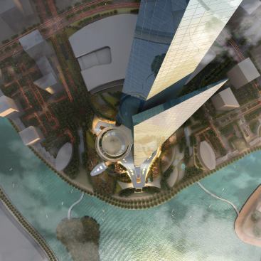 Sky terrace and spire from above