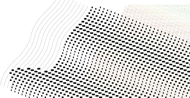 Joints (shown as black) in the brick pattern are staggered to create opaque wall sections and then widen to become “hollow,” portraying the rippling movement of water.