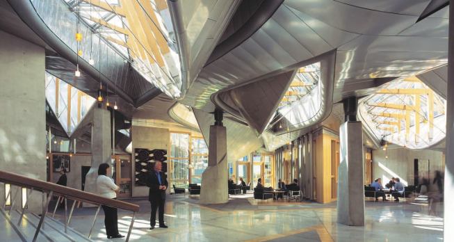 PROJECT: Scottish Parliament

LOCATION: Edinburgh, Scotland

DATE: 2004

DETAILS: Designed by Catalan architect Enric Miralles with RMJM acting as executive architect, the irregular volumes of the Scottish Parliament sit beside

Edinburgh’s Holyrood Palace in the city’s Old Town. Miralles, who died in 2000, hoped the complex would look as if it were “almost surging out of the rock.” The project won the Stirling Prize in 2005.