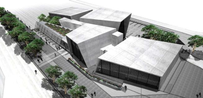 To make the center approachable for residents, the architects used a locally familiar materials palette of concrete, glass, and gum poles. The materials also help to improve the building's environmental performance. The folded concrete skin adds passive solar heating, and a roof garden provides not only building insulation, but a food source.