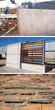 Before building on site, Field Architecture created mock-ups of the exterior wall system. A section of the concrete wall was cast (top) and raw gum poles (bottom) were finished and installed to form a section of the sunscreen (middle). The sunscreen functions as a security system while filtering the daylight that illuminates 90 percent of the building.