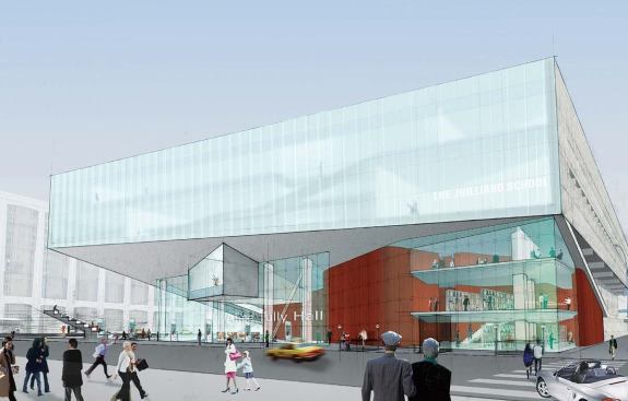 The new Alice Tully Hall strips away the lower portion of the existing walls in order to create a transparent lobby space. Interacting with the streetscape, a cantilevered bandstand on the corner looks in at the lobby, putting visitors on display, and touchscreens offer information on the events happening within.