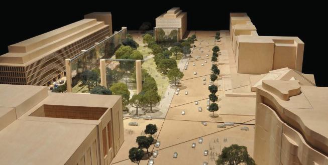 Aerial view of Eisenhower Square, showing woven metal tapestry panels supported by 80-foot-tall columns.