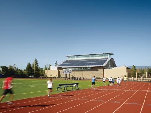 Clerestory windows with translucent, high-performance glazing reduce the lighting needs of Sequoia High School's gym by 70 percent.