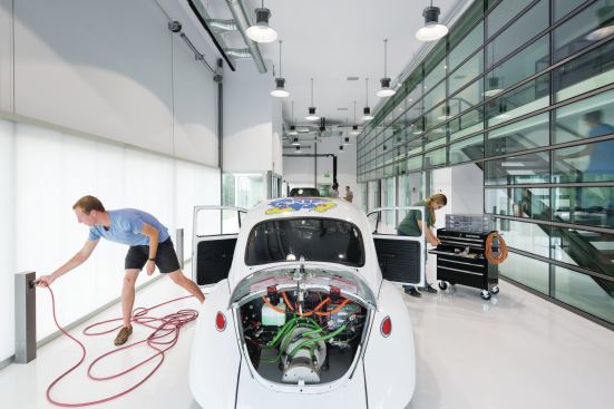 Researchers test alternative car-charging methods in the main bay, which is shielded from the sun by Aerogel panels that raise and lower over the windows.