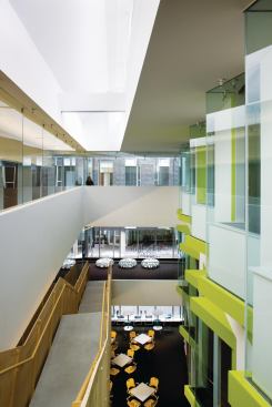 Scogin and Elam placed a premium on natural light and view lines that connect the different floors and programs. Stairwell atria promote interaction between the building users. This one in the Hillman Center connects faculty offices, informal lounge spaces, and a student caf&eacute;.