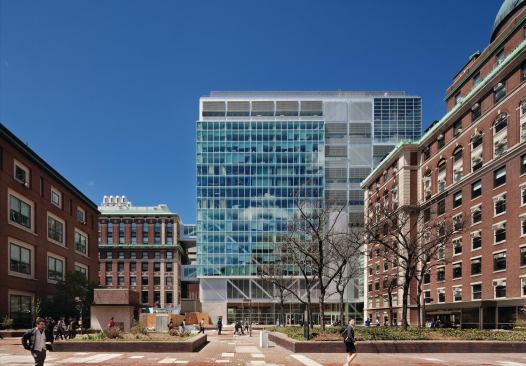 The east façade of the new Northwest Corner Building faces Columbia's original Morningside Heights campus; largely glazed, the elevation clearly showcases the building's diagonally braced structure.
