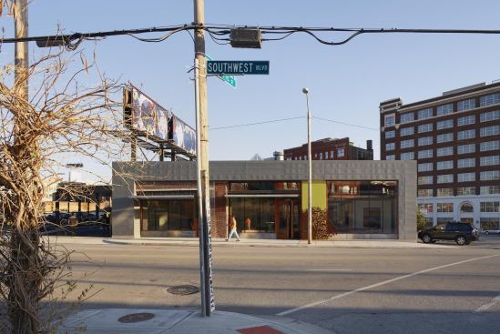 Sited in Kansas City’s burgeoning arts district, the Crossroads branch of Missouri Bank is located in a former auto-repair shop that dates back to the 1920s. Instead of tearing it down, the team from Helix turned it into a sleek new bank branch that caters to many of the artists and gallery owners that comprise the bank’s client base. Integrating art into these projects is a priority for Missouri Bank; bank CEO Grant Burcham purchased a pair of back-to-back billboards—that have towered over the building for many years—and has changed them into art-boards. Working with local group the Charlotte Street Foundation, Burcham and a team of employees choose from submissions by local artists. Winners are displayed on the art-boards and changed every three months.