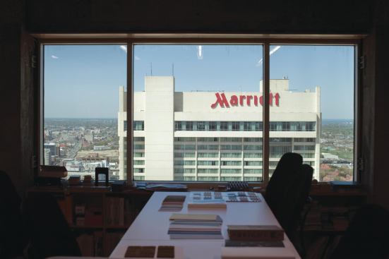 From its 31st-floor perch, the studio commands a view of New Orleans and its waterfront. Ripple says that the view affords sights of at least a dozen active Eskew+Dumez+Ripple projects. “From this vantage point, we can point to activity we have in almost every neighborhood,” he says. Seeing projects in the context of the city matters, Eskew says. “Our connection 

to the city increased in the 

high-rise position.”
