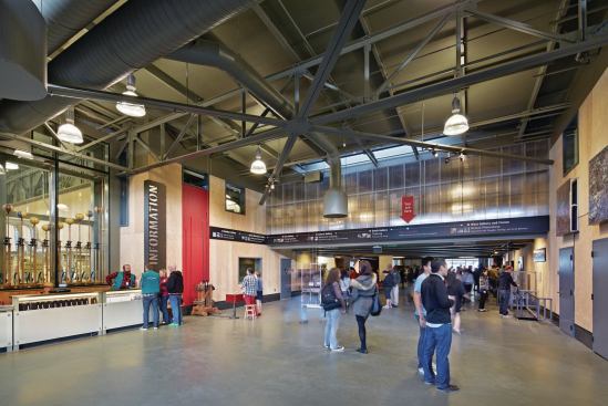 The Exploratorium lobby and ticketing area opens into the main exhibition hall on Pier 15.