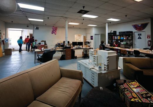 Along with the loading dock and roll-up doors, one thing that appealed to Ball and Nogues about the new location was having separate spaces for the studio (shown here) and for production (first slide). Nine people currently work at the firm, but the staff size fluctuates: People tend to be hired on a project-by-project basis. "The organizational model is more akin to film production than traditional architecture offices," Ball says. A local nonprofit, Self Help Graphics & Art, plans to move in eventually and share the space with Ball-Nogues.
