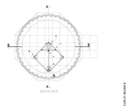 This image shows the sky dome's octagonal raised floor; the diaphragm that holds the base plates carrying outer dome; the base of the inner, translucent dome; and the rotating square base of the heliodon.