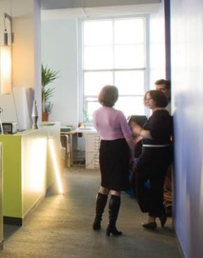 Large windows allow for daylight and great views of the city.
