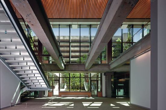 With entrances on two levels, there was an opportunity to create a double-height public space at the base of the building. Sections of the existing floor slab were removed to bring daylight from the upper, plaza level to the lower, ground level, which has been reconfigured with conference space.
