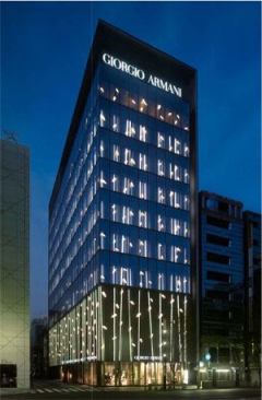 LED-illuminated bamboo stalks and leaves adorn the façade of the new 12-story Giorgio Armani flagship store in Tokyo's Ginza district.