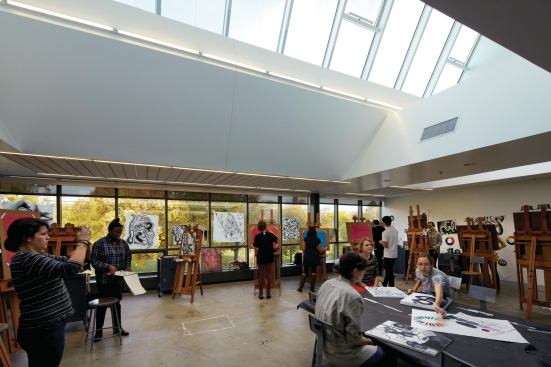 Painting and other fine-art studios are filled with natural light thanks to windows and skylights, but less visible are the high-tech systems behind the walls. “This building is a place where people make art. It can be very dirty,” Tod Williams says. “All of that dust, and dirt, and sound can be troublesome to people who are trying to play music at the highest level or print something in a clean way, so the filtration system, the air system, all of these things are crucial to be state-of-the-art.”