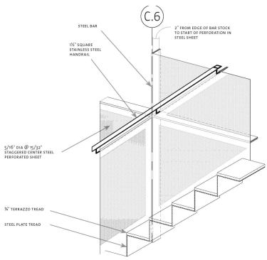 Two required fire stairs enclose the east and west edges of the central courtyard. Although occupied spaces on these elevations are generally opaque, Valerio clad the circulation spaces in glass. Energy is saved by simply tempering the air in each area to avoid extreme swings in temperature rather than providing full heating and cooling. Consistent with the rest of the building, the stairs are simply detailed in steel plate with precast terrazzo tread surfaces.