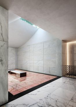 Pink skylight room.