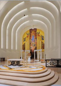 The altar arches employ LEDs to mimic daylight, which came in through continuous glass blocks before they were capped because of water leakage.