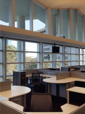 The bulk of the newspaper's employees work in the second and third floor newsrooms, connected by a large open stairwell to promote ready circulation between departments. The third floor ceiling is shaped by the folds of the roof, lending a sense of sculpture to the sea of cubicles.


Improv TAG task chair - Haworth - www.haworth.com 

Molded polyfoam contoured seat cushion - Hard, dual-wheel casters - Pneumatic seat adjustment - High-arc, five-prong molded plastic base - Optional two-position back lock