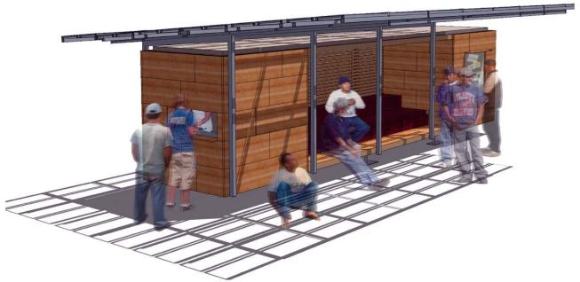 The proposed day labor station offers seating, shade, and bathroom and kitchen facilities. The seating area can also function as a classroom.