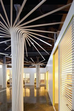 Column 'trees' made from painted, bent pipes.