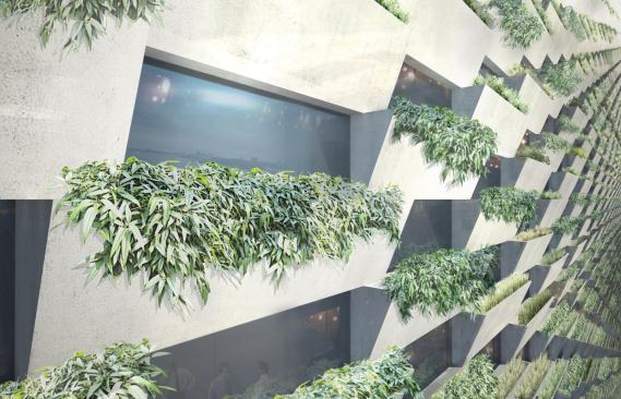 The structure will be wrapped in a vertical facade formed by planter modules stacked like bricks.