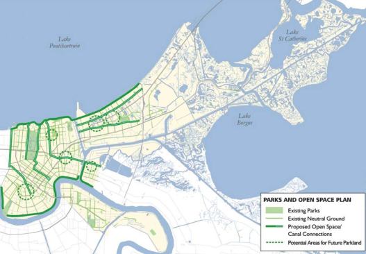 An early recovery plan called Bring New Orleans Back proposed that some of the worst-hit areas be left to nature as "future parkland" (designated by dashed circles). The plan was met with anger and accusations of racism from many city residents.