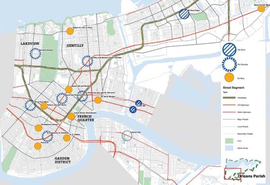 City of New Orleans Recovery Plan: March 2007

IIn March, Blakely announced a new city recovery plan focused on 17 recovery areas. The plan (above) classifies the areas into three categories: rebuild (areas that were devastated by flooding); redevelop (neighborhoods that have modest resources in place); and renew (districts that are already more or less viable, but could use further help). Only two neighborhoods are rebuilds: the Lower Ninth Ward and New Orleans East Plaza. 