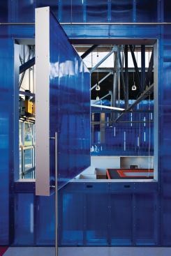 Blue pivot door.