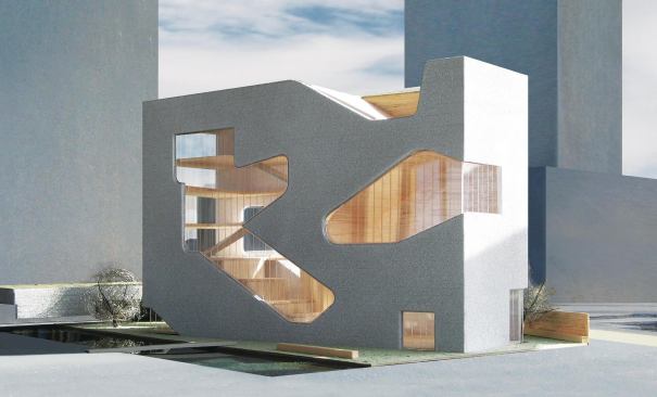 View of the river-facing side of the library model.