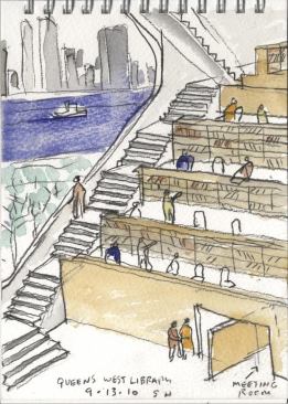 Watercolor of interior with terraced stacks.