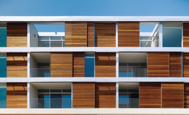 Hancock Lofts fa&ccedil;ade with Mangaris wood shutters.