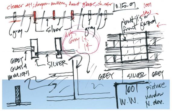 In early sketches, the architect articulated the elevation as simple horizontal bands of brick and glass. Then he revised, adding a 20-footsquare plane of HGP glass in a Kawneer frame that projects slightly from the banded façade.