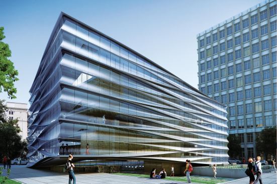 The façade of the River Center Library is formed from a framework of crisscrossing steel that is infilled with concave glass panels, which give the building an accordion-like appearance. The perimeter glazing allows maximum daylight into the interior while maintaining a transparency that allows passersby to see the people and books within.