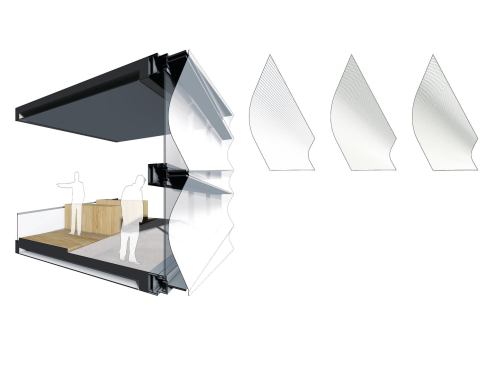 Flat vision glass on the interior-facing side of the façade is paired with an exterior layer of concave glass. In addition to lending aesthetic interest to the front of the building, this material changes the focus and refraction of the light, controlling the intensity of natural light as it enters the building.