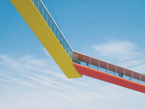 Because of the orientation of the two harbor piers and the massing of the buildings, the bridge meets at an angle, a move that the architects liken to a handshake.