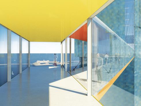 Each side of the bridge is identified by a color (yellow for Marmormolen, orange for Langelinie) on both the ceiling and the underside of the bridge. This color system indicates when visitors pass from one building to the next. At night, the bridge is lit from below, and its colors reflect onto the water.