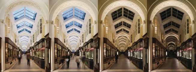 The new lighting scheme, which uses LED fixtures, incorporates variable color temperature to respond to different lighting conditions. In summer the fixtures are tuned to 4000K; in winter to 3500K; and at night the color temperature goes to 2700K to recall the glow of gas light, the original method of illumination for the arcade. 