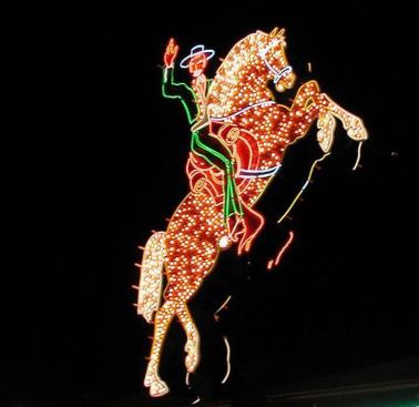 The Hacienda Hotel and Casino opened in 1956 on the south end of the Las Vegas Strip. The Horse and Rider greeted travelers as the centerpiece of the hotel’s roadside signage, originally rotating atop a pylon emblazoned with the hotel’s name. In 1996, the Horse and Rider became the first neon sign to be fully restored and installed as public art by the Neon Museum on Las Vegas Boulevard at Fremont Street.  