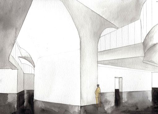 Watercolor showing gallery interior
