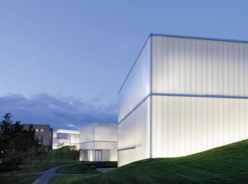 Steven Holl Architects–designed building at dusk