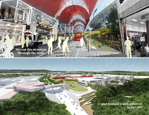 The proposed street car would run through the mall and help create a new gateway to the city.