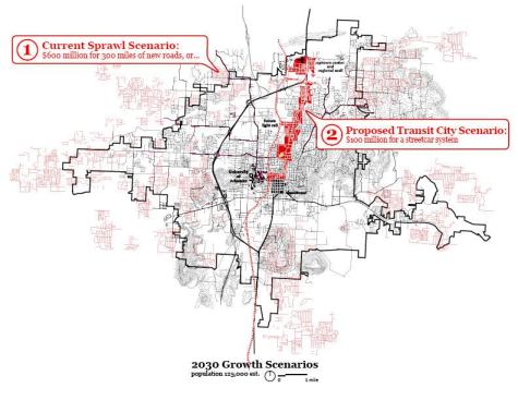 The University of Arkansas Community Design Center (UACDC) drafted an independent study to bring a streetcar system to Fayetteville, Ark.