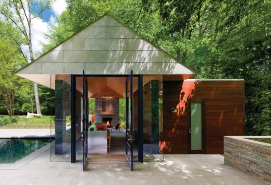 CHDA 2012 – Accessory Building / Merit Award Architect: Robert M. Gurney, FAIA, Architect, Washington, D.C.; Builder: Peterson + Collins, Washington   This pavilion sits on the edge of a suburban backyard that abuts preserved woodlands, providing a threshold between the natural and manicured landscape. Robert Gurney, FAIA, says that “its relationship to the house, swimming pool, and landscape components was as important as the building itself.”