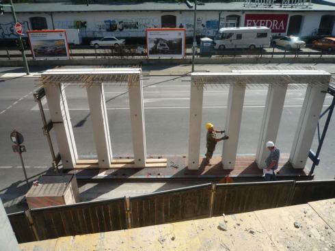 Assembly of façade elements at the site.