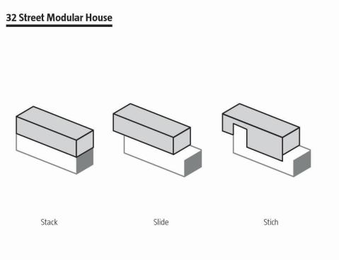 A drawing of 32nd Street Modular House, which shows how Tomecek offset the two floors to create a covered entry in the front of the house and a deck on the second-floor in the back. 