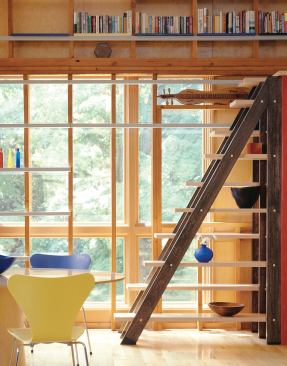 RADA 2005  Merit Award, Architectural Detail  Reader & Swartz Architects, Winchester, Va.   When renovating their own 1960’s tract house, the husband-and-wife principals at Reader & Swartz Architects exposed the existing studs, backed them with birch-veneer plywood panels, and inserted wood shelving to create an integrated book storage system.